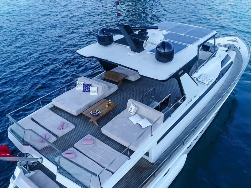 Poseidon-F charter motor yacht in Gocek, outdoor upper deck drone shot