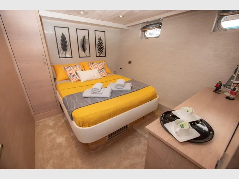 Poseidon-F charter motor yacht in Gocek, interior VIP cabin wide angle shot