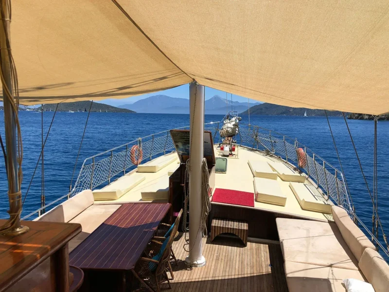 day trip Gocek gulet tour, outdoor fore deck sunbeds