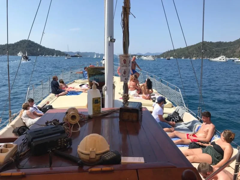 day trip Gocek gulet tour, outdoor fore deck sunbathing area