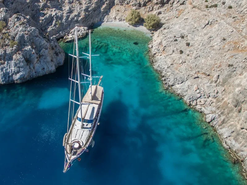 Dolce Mare gulet charter yacht, aerial drone shot of the yacht moored stern-to