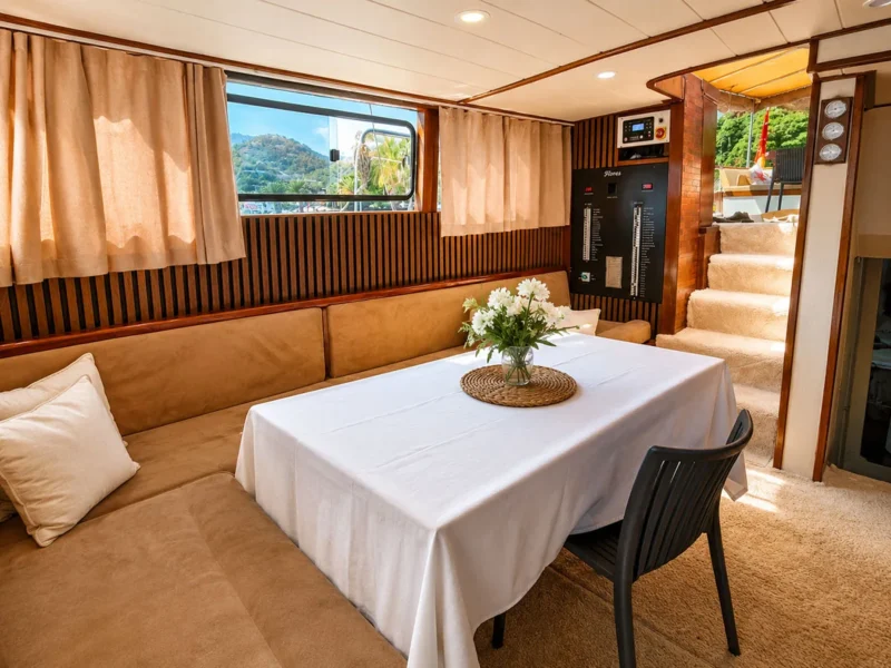 Flores gulet charter yacht interior saloon seating area and dining table