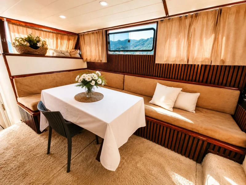 Flores gulet charter yacht interior saloon seating area and dining table