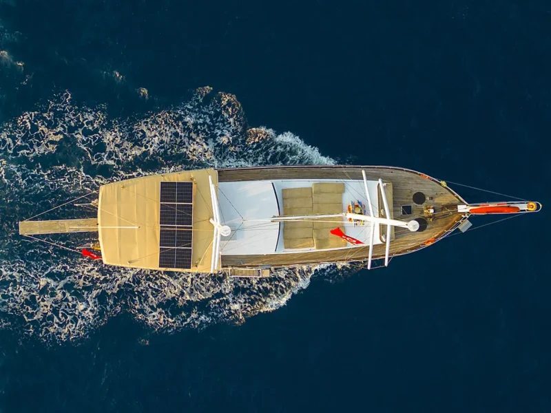 Flores gulet charter yacht in Fethiye and Gocek drone shot from top while cruising