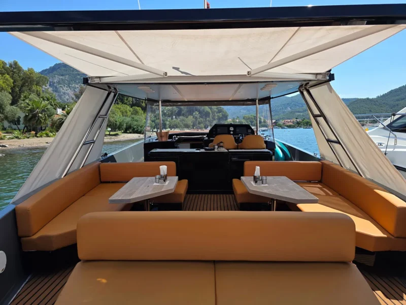 Gocek boat trip hourly rent speedboat BB, aft deck lounge area