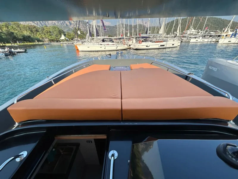 Gocek boat trip hourly rent speedboat BB, outdoor fore deck sunbeds