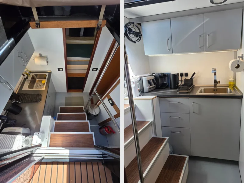 Gocek boat trip hourly rent speedboat BB, interior kitchen