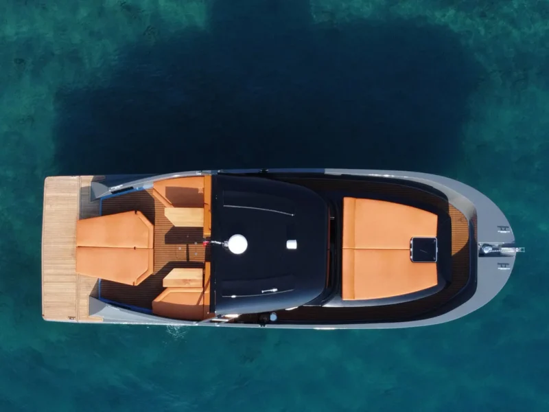 Gocek boat trip hourly rent speedboat BB, drone shot from top