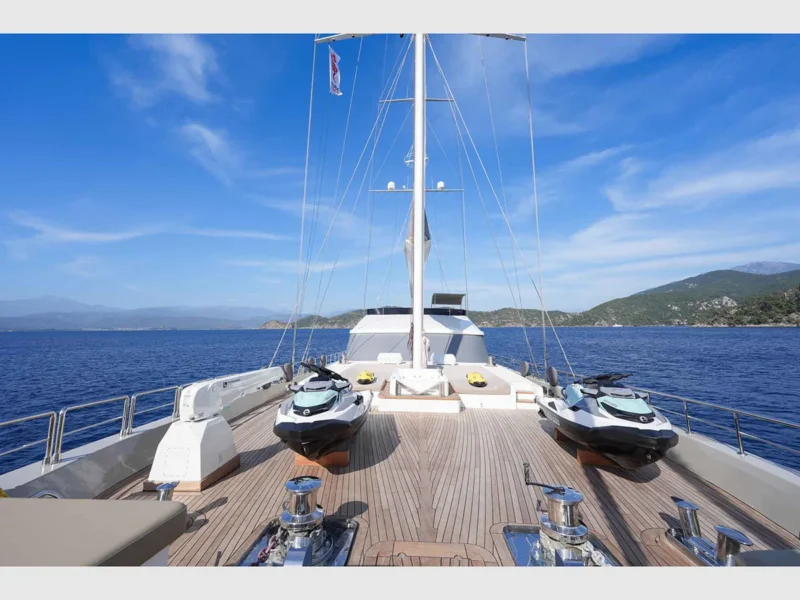 King of The Sea gulet luxury charter yacht fore deck wide angle