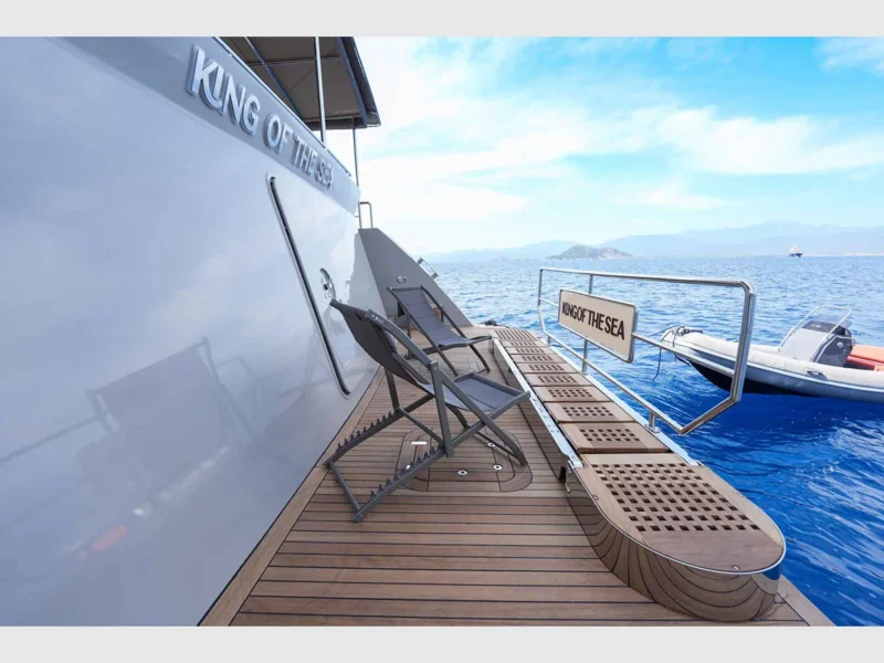 King of The Sea gulet luxury charter yacht outdoor aft platform with hydraulic foldable pasarella