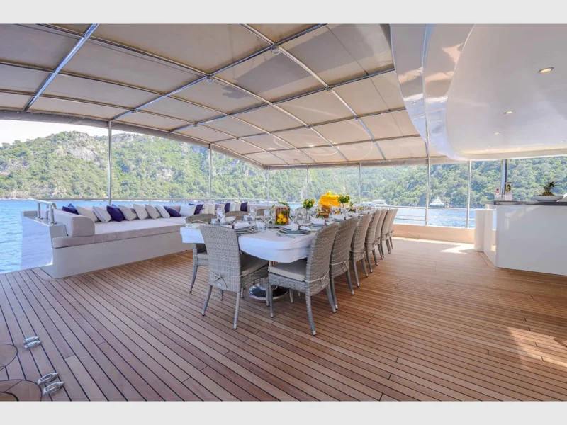 King of The Sea gulet luxury charter yacht outdoor aft deck wide angle shot from starboard side