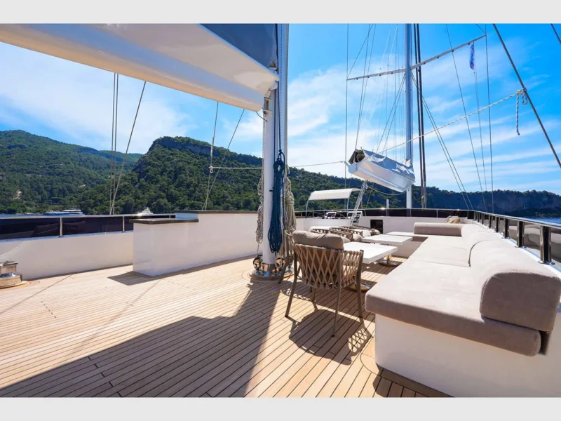 King of The Sea gulet luxury charter yacht outdoor upper deck dining table