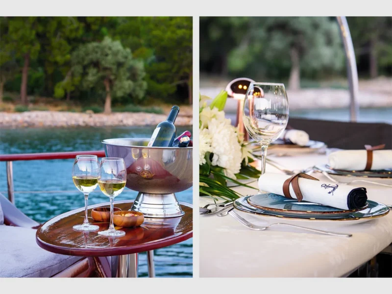 Kuzey Y gulet Bodrum yacht charter, tableware details and wine service