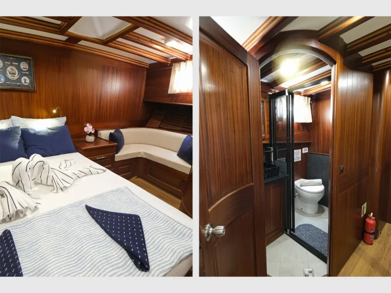 Kuzey Y gulet Bodrum yacht charter, interior master cabin with a double bed, a sofa and a private bathroom
