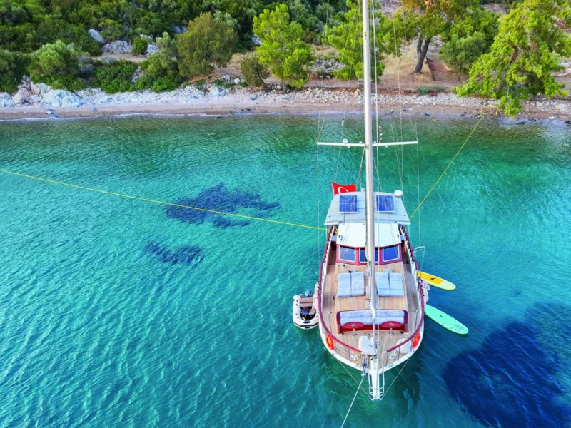 Kuzey Y gulet Bodrum yacht charter, aerial drone shot of the yacht moored stern-to