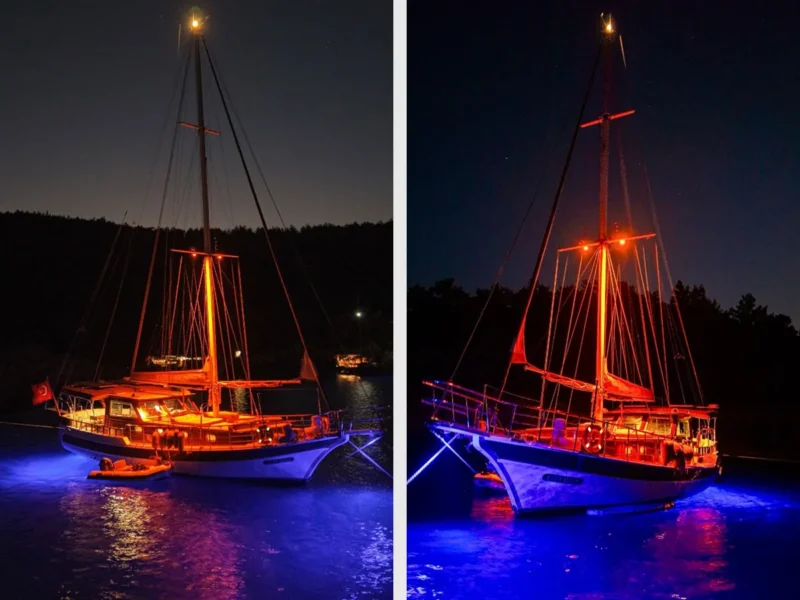 Kuzey Y gulet Bodrum yacht charter, exterior at night with underwater lights on