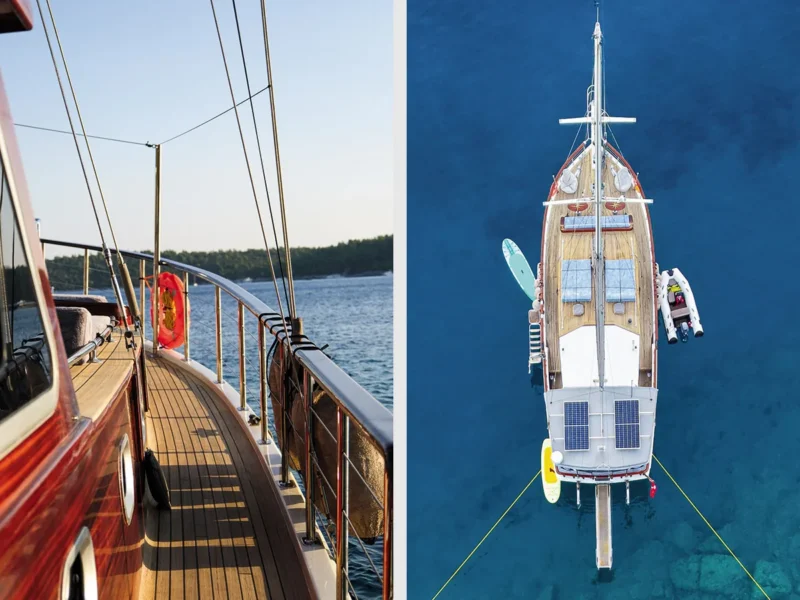 Kuzey Y gulet Bodrum yacht charter, side deck and drone shot from top