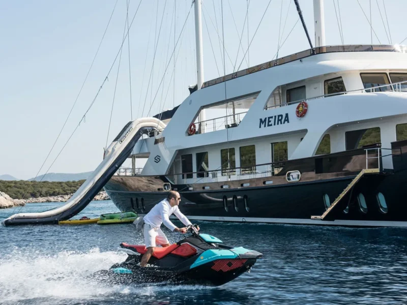 Meira motorsailer charter yacht water toys, sea slide, jetski, ringo, big mable, SUPs, canoes