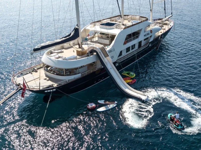 Meira motorsailer charter yacht exterior aerial drone shot from starboard aft quarter