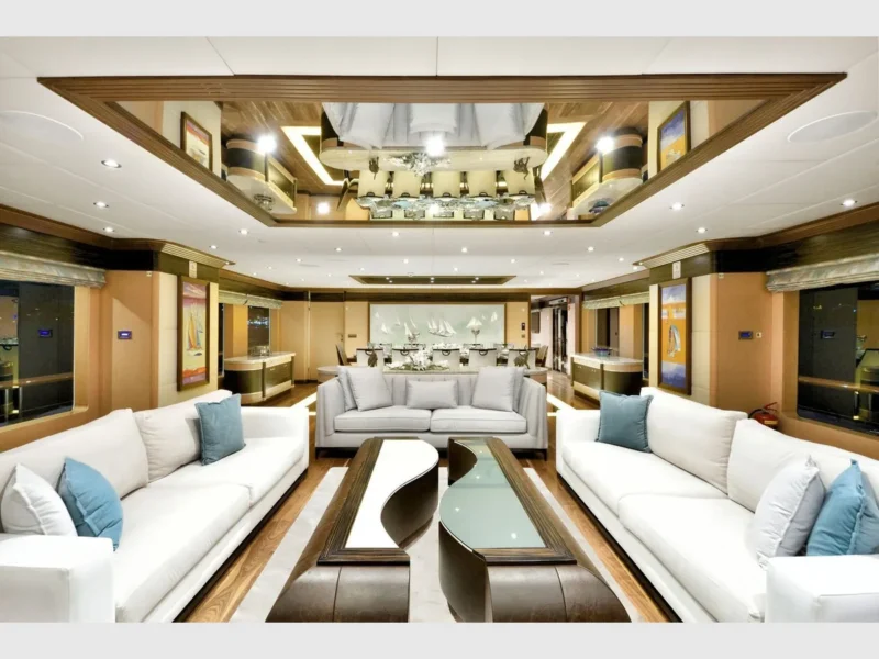 Meira motorsailer charter yacht interior salon lounge area