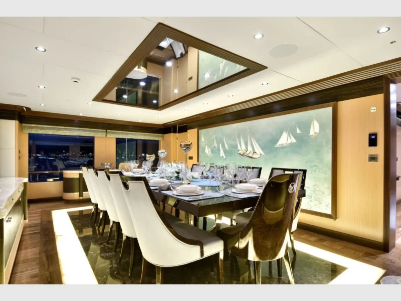 Meira motorsailer charter yacht interior salon dining table