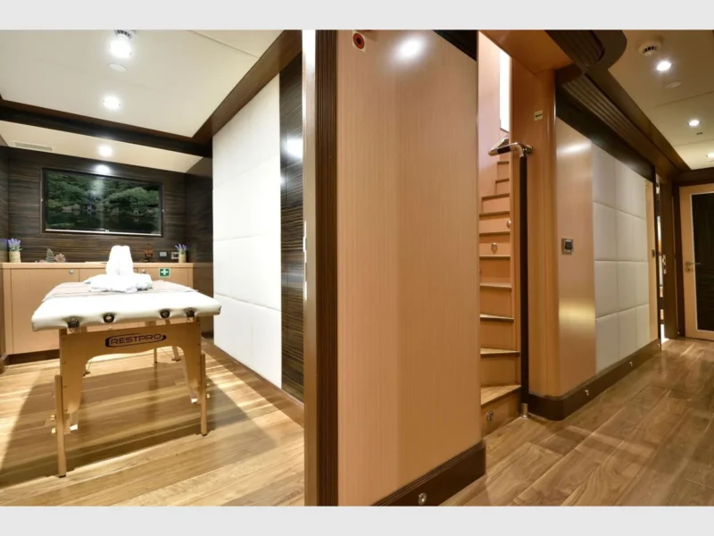 Meira motorsailer charter yacht interior massage room view from the corridor