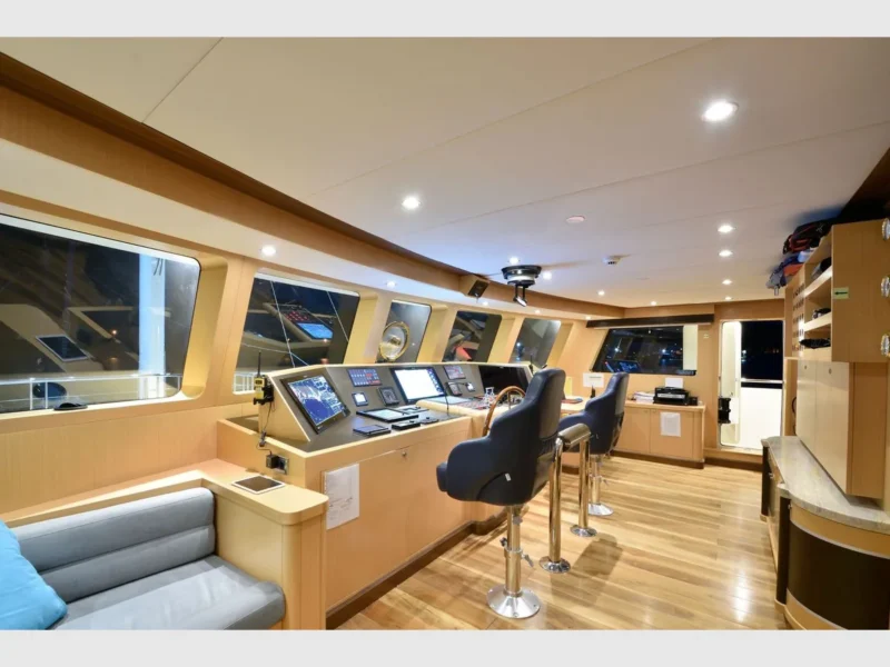 Meira motorsailer charter yacht interior wheel house