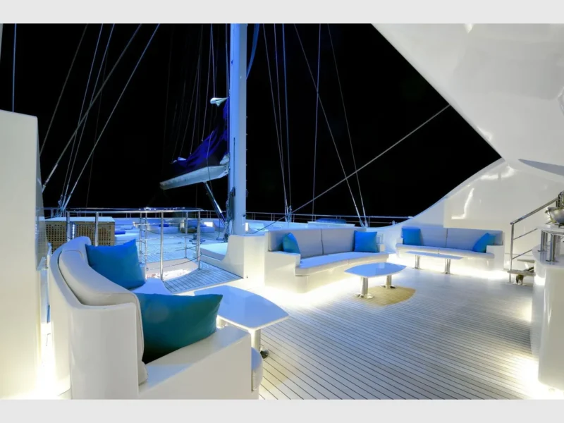 Meira motorsailer charter yacht outdoor upper deck lounge area