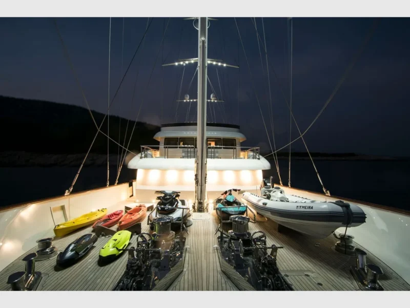 Meira motorsailer charter yacht outdoor fore deck at night