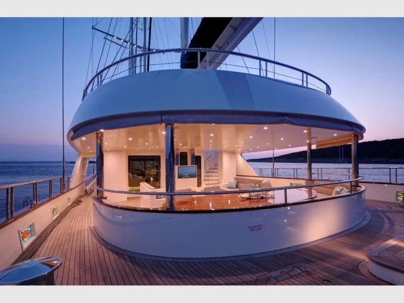 Meira motorsailer charter yacht outdoor main deck wide angle in the evening