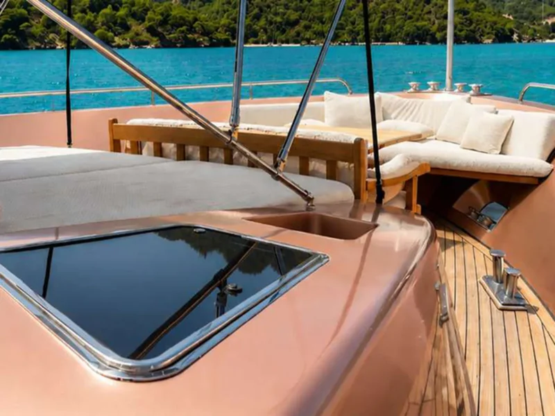 Admiral 115 Poseidon charter motor yacht outdoor fore deck lounge area and sunbeds
