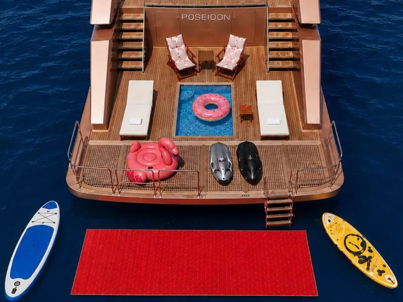 Admiral 115 Poseidon motor yacht aft platform drone shot
