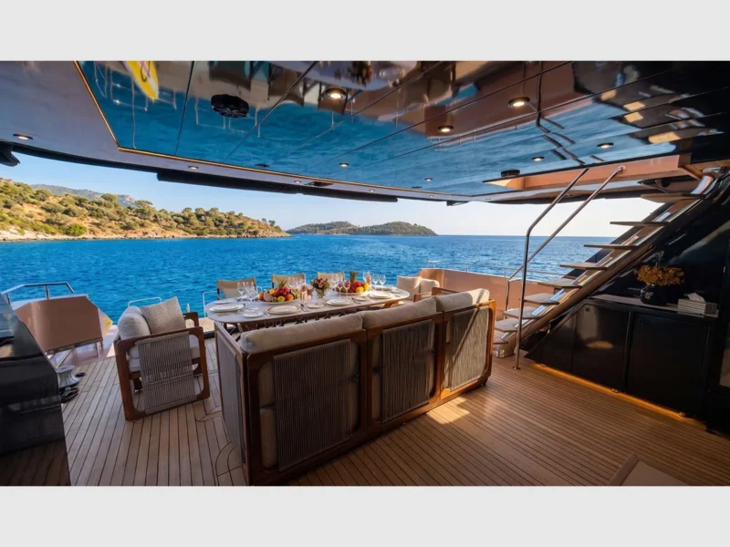Admiral 115 Poseidon charter motor yacht outdoor aft deck dining table