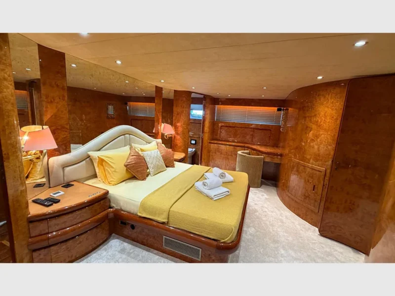 Admiral 115 Poseidon charter motor yacht interior master cabin wide angle