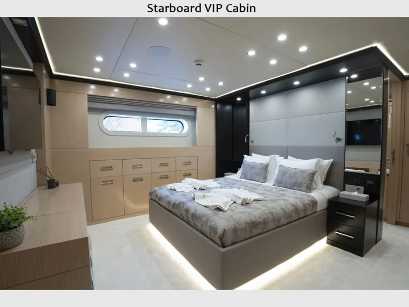 Princess Melda motor yacht charter, interior starboard VIP cabin wide angle