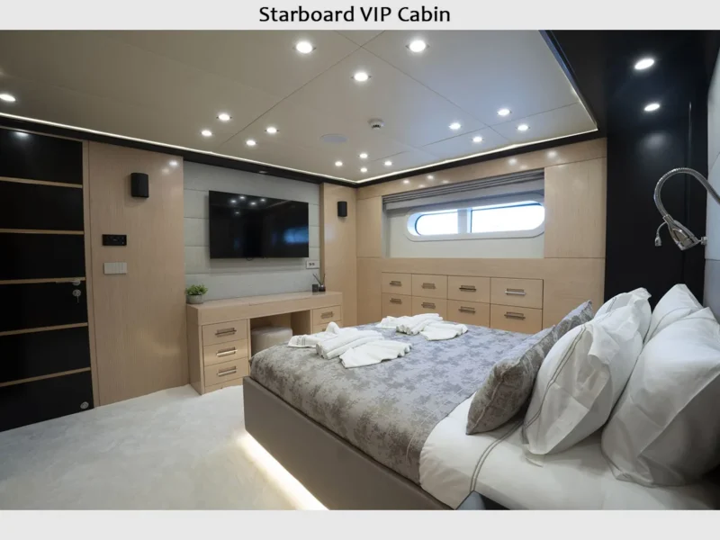 Princess Melda motor yacht charter, interior starboard VIP cabin wide angle