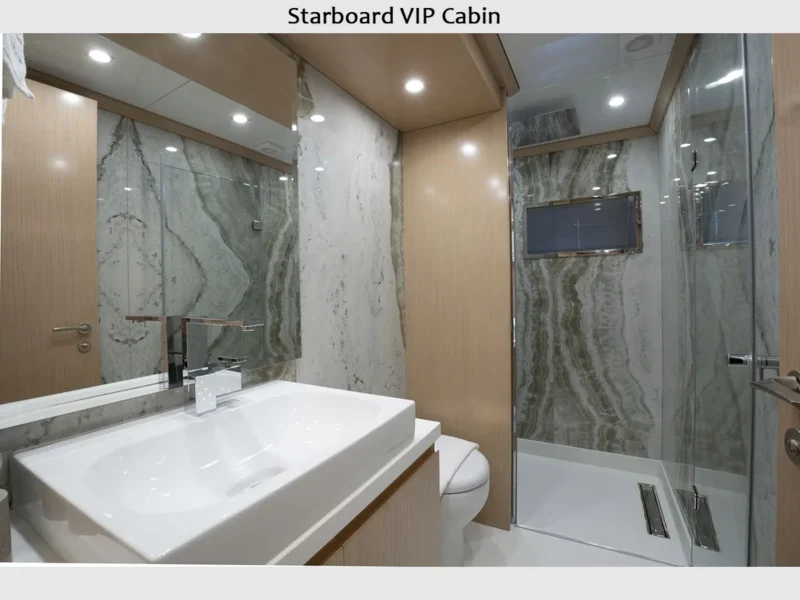 Princess Melda motor yacht charter, interior starboard VIP cabin wide angle bathroom