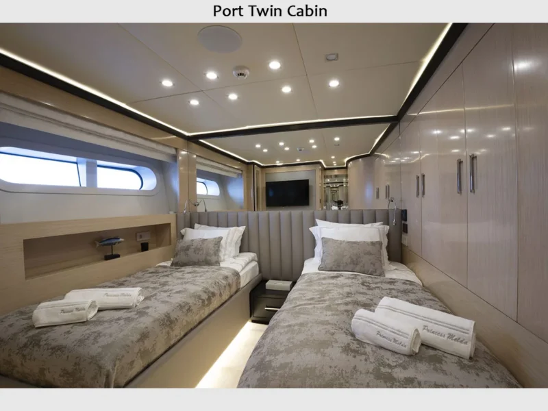 Princess Melda motor yacht charter, interior port twin cabin