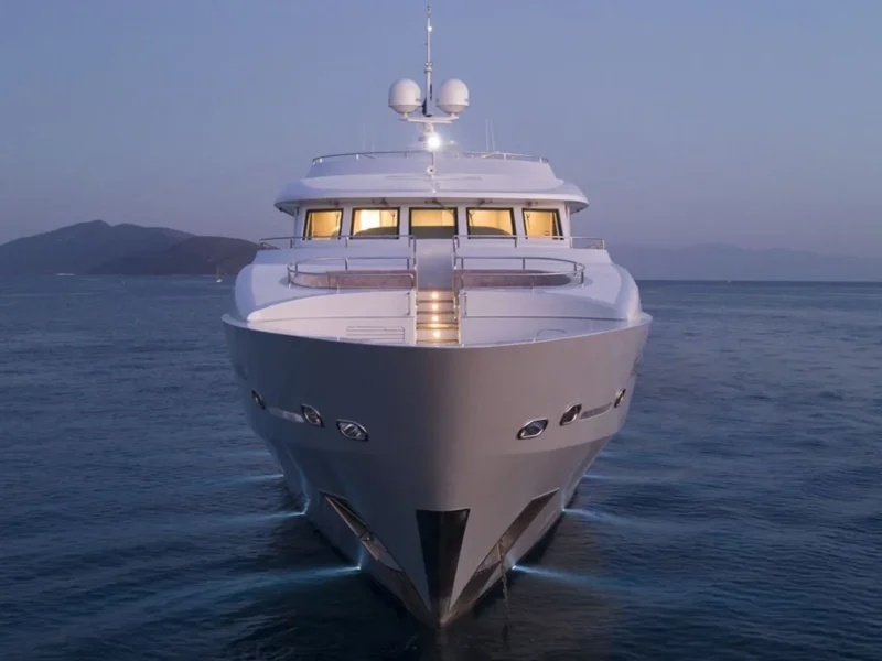 Princess Melda motor yacht charter, exterior drone shot from bow