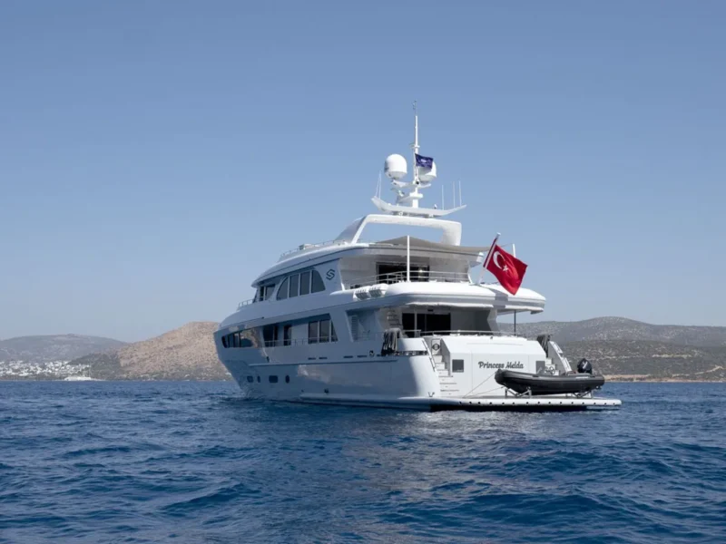 Princess Melda motor yacht charter, exterior from port aft quarter