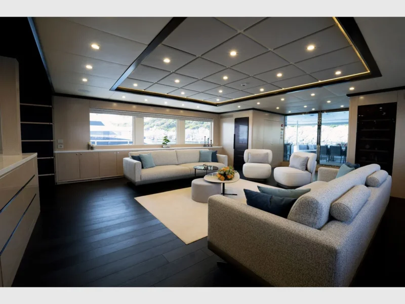 Princess Melda motor yacht charter, interior saloon lounge area