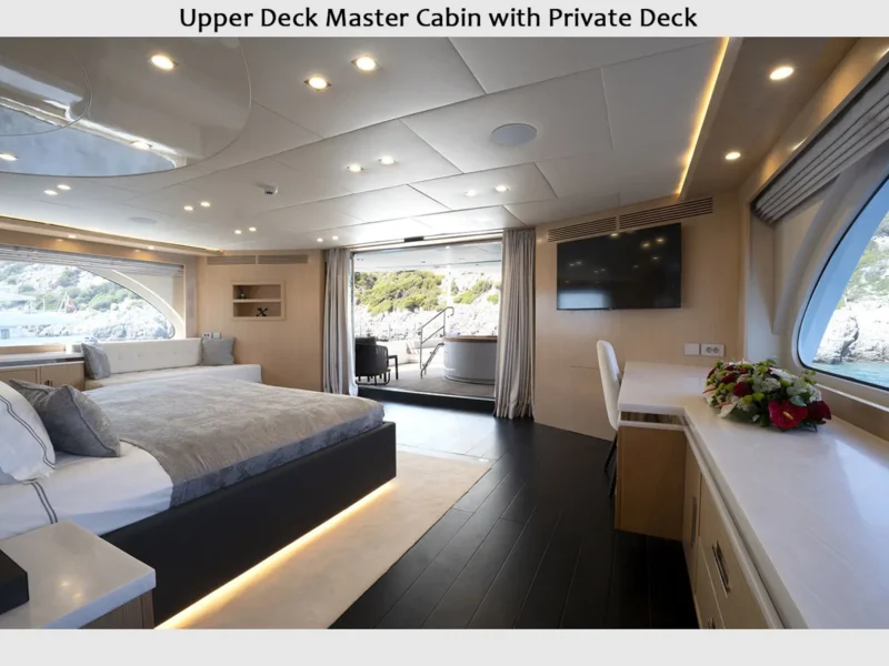 Princess Melda motor yacht charter, interior upper deck master cabin wide angle
