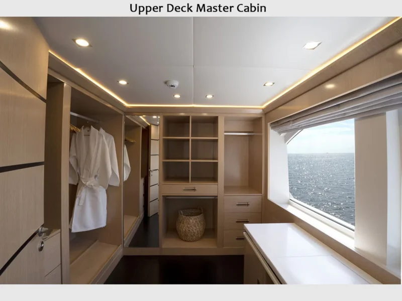 Princess Melda motor yacht charter, interior upper deck master cabin walk-in wardrobe