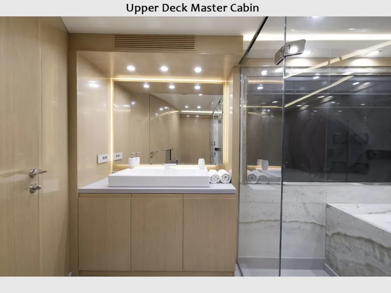 Princess Melda motor yacht charter, interior upper deck master cabin bathroom