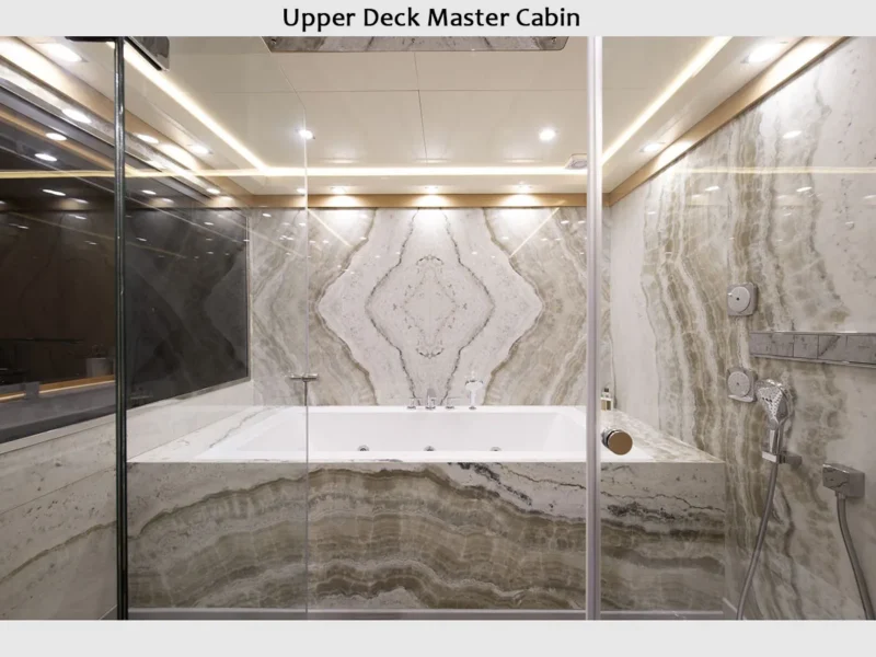 Princess Melda motor yacht charter, interior upper deck master cabin bathroom