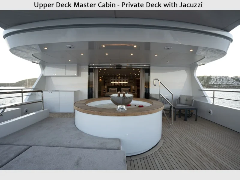 Princess Melda motor yacht charter, interior upper deck master cabin private balcony with jacuzzi