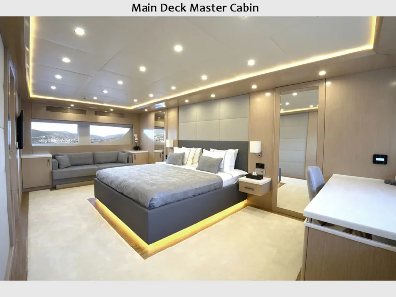Princess Melda motor yacht charter, interior main deck master cabin wide angle