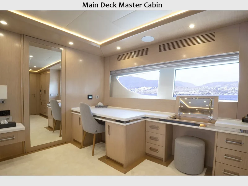 Princess Melda motor yacht charter, interior main deck master cabin vanity and work tables