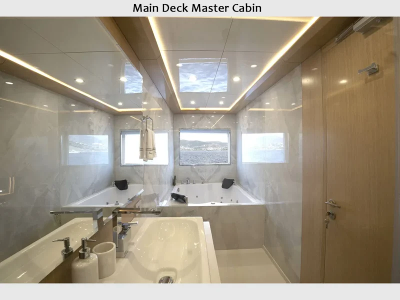 Princess Melda motor yacht charter, interior main deck master cabin bathroom