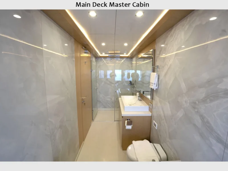 Princess Melda motor yacht charter, interior main deck master cabin bathroom
